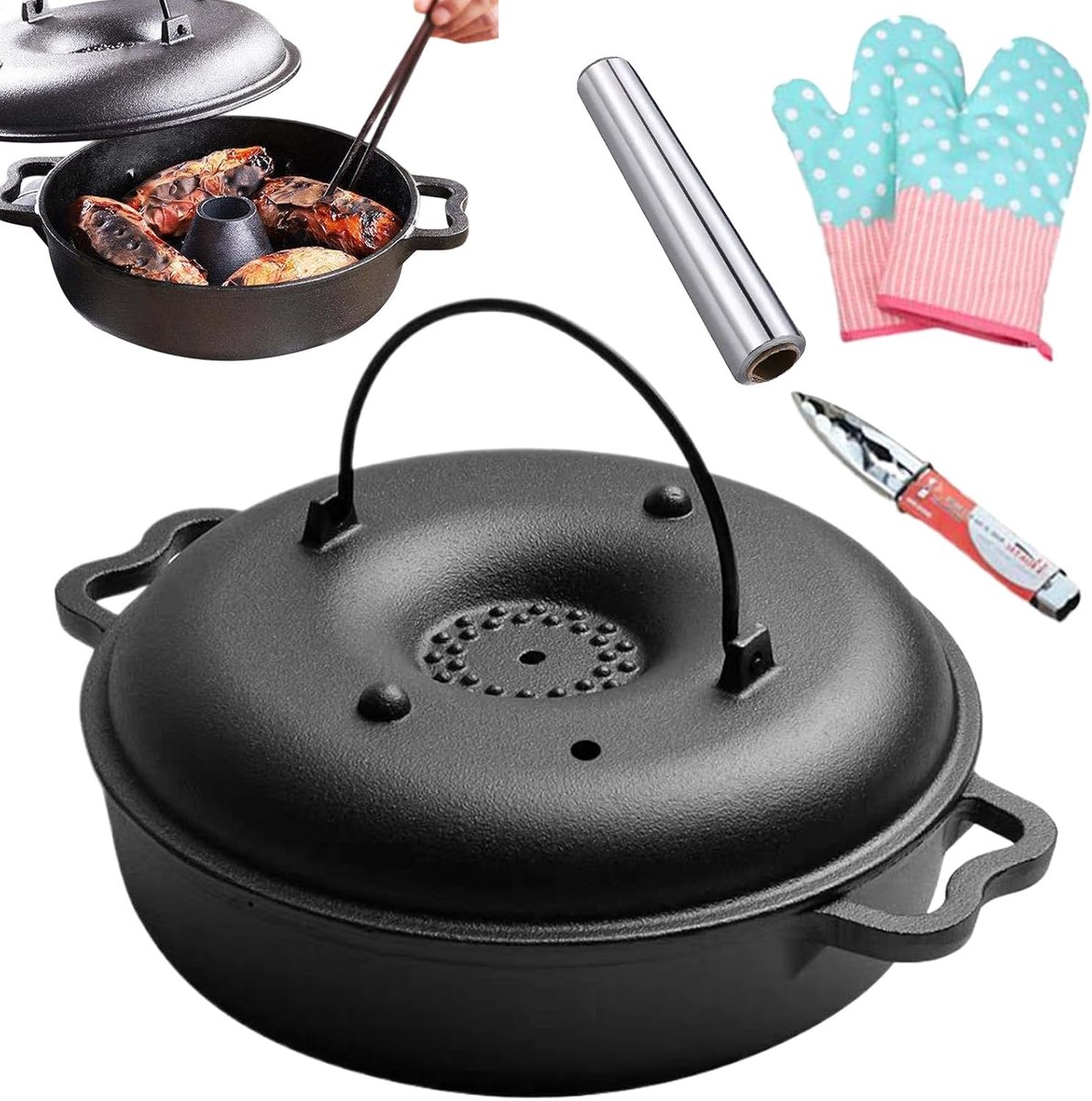 Braadpan Gietijzer Kookpan Oven Gelijkmatig Koken 3D Warmtecirculatie 30.5x25x10 cm Zwart