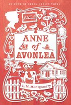 Boekomslag 'Anne of Avonlea' met witte uitsnede op rood. Bevat illustraties van dieren, een huis en bloemen.
