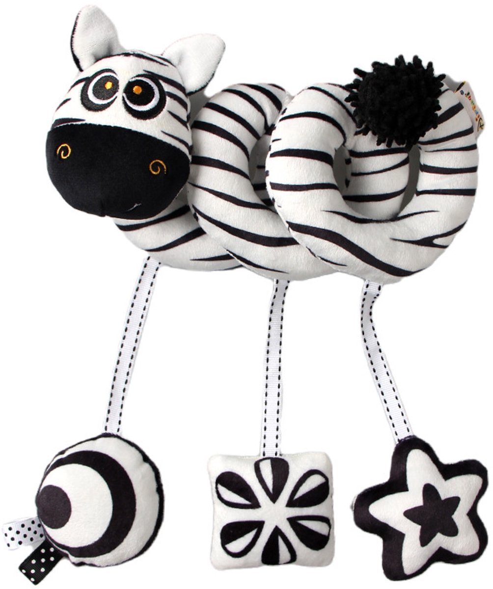 COOAU - Boxspiraal Baby Speelgoed - Pluchen Knuffel met Rammelaar voor Kinderwagen, Autostoel & Buggy - Sensorisch Speelgoed voor Baby's van 0-6 Maanden - Unisex - Zacht & Veilig - Zwart-witte zebra