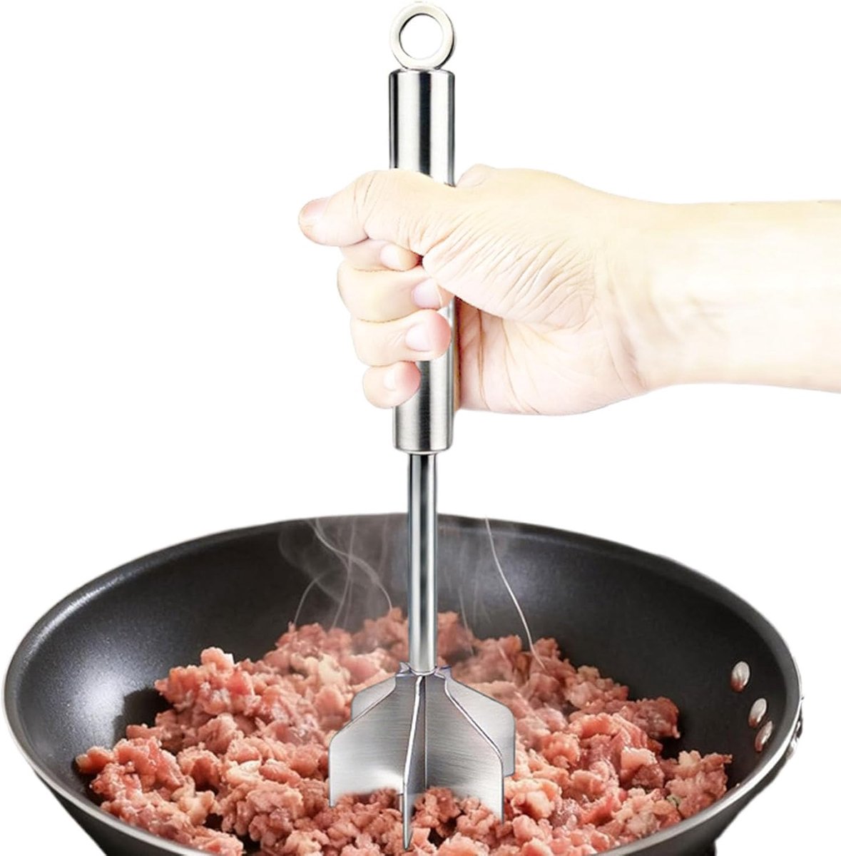 Burgerpers Roestvrijstaal - Vlees Chopper - Maaltijd Voorbereiden - Ergonomische Grip - 28 x 8 x 8 cm - Zilverkleurig