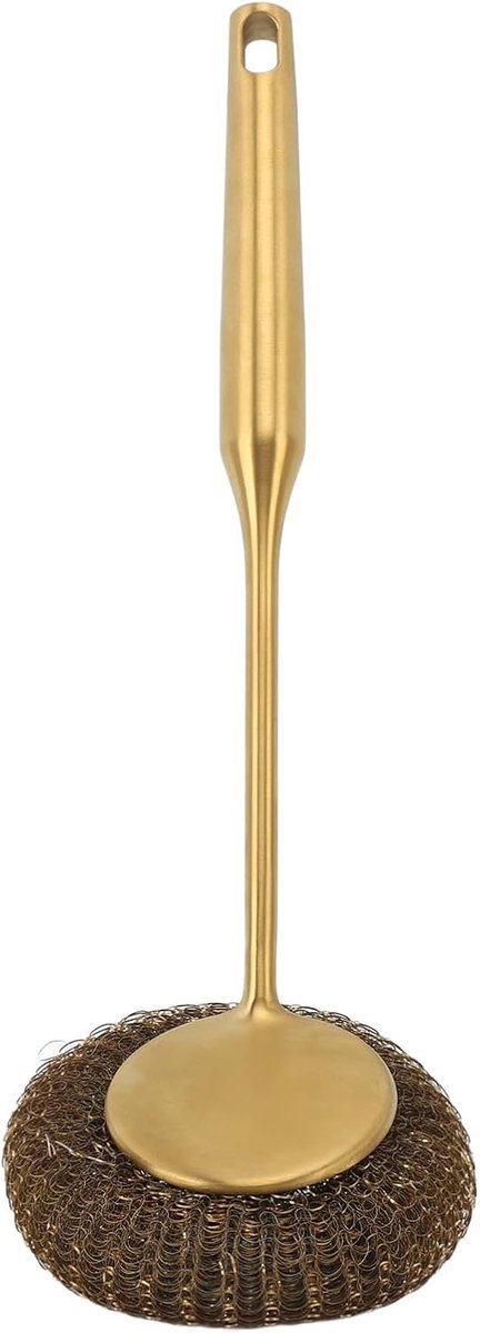 Roestvrijstalen Panreiniger - Schrobber met steel - Keuken Reinigen - Lange handgreep - 34 x 11 x 9 cm - Goud