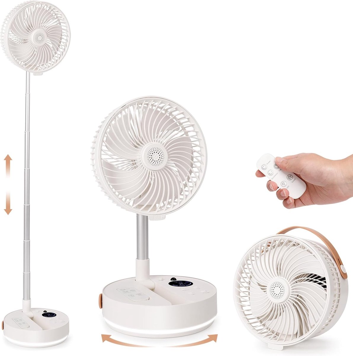 - 10000mAh draagbare zwenkventilator, opvouwbare oplaadbare staande ventilator, 4 snelheden, aromadiffuser, drielaags nachtlampje, stille warmteafvoer, Geschikt voor kamperen, reizen, kantoor en slaapkamer.