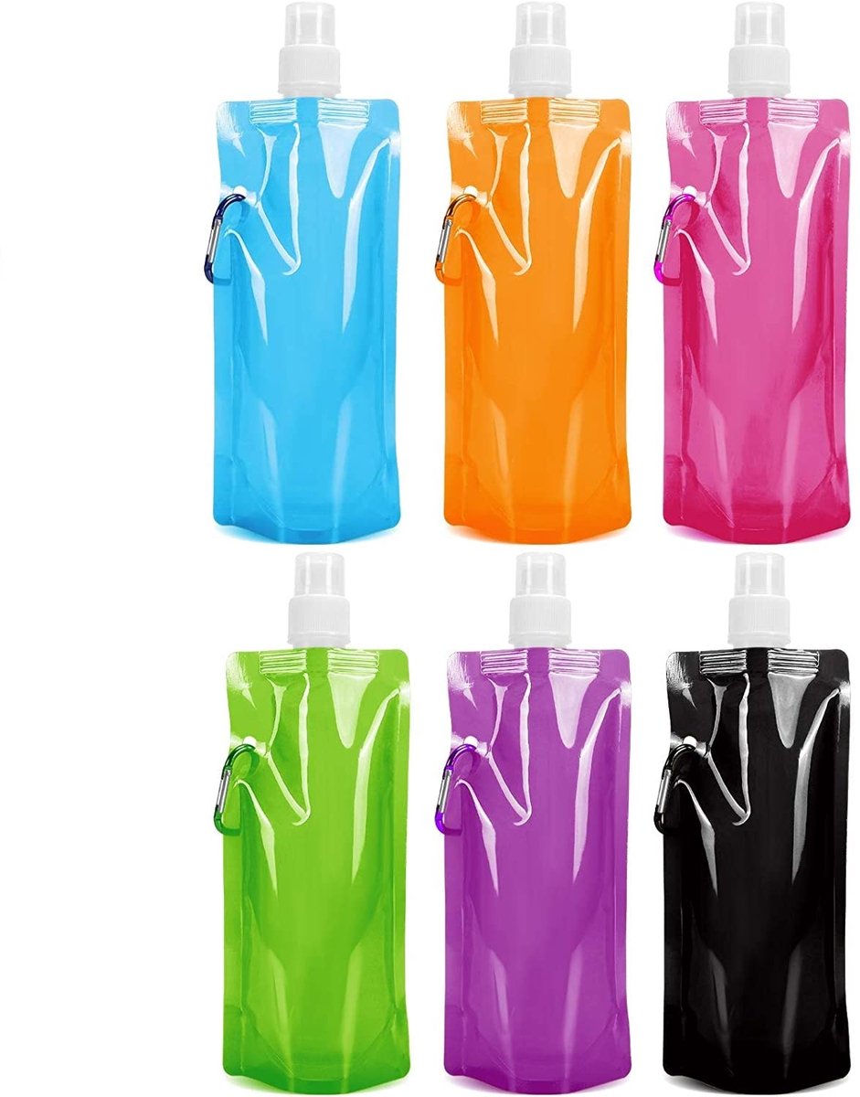 Opvouwbare Waterflessen Set - 6 Stuks - 480 ml - BPA-vrij - Herbruikbaar & Lekvrij - Flexibele Drinkfles - Voor Wandelen, Reizen, Kamperen & Outdoor