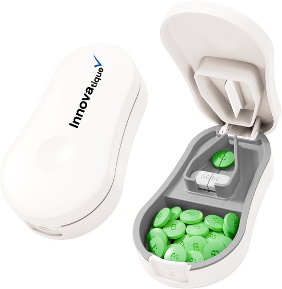 Pillensnijder met Pillendoosje – Veilig Afgeschermd Mes – Geschikt voor Elke Pillenvorm – Volledig Afwasbaar – BPA-vrij – Wit