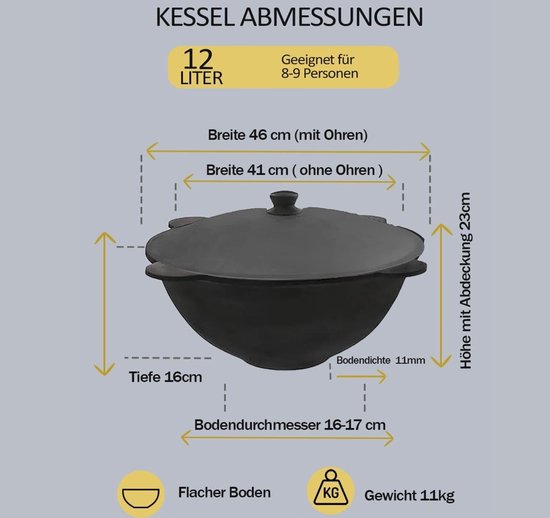 Gietijzeren Kazan - Oezbeekse pot - Buiten koken - Handgemaakt vakmanschap - 12 liter - Zwart — afbeelding 2