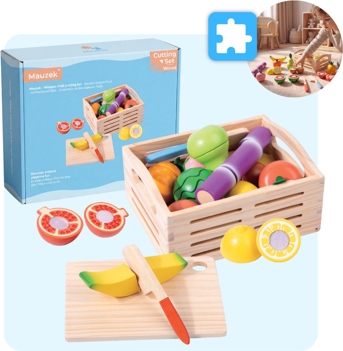 Mauzek® Groente- en Fruit Speelset - Montessori Speelgoed - Met Fruitmand en Snijplank - Keuken Speelgoed - Speelgoed Eten - Houten Speelgoed - Kook Speelgoed - Educatief Speelgoed - Peuter Speelgoed -Jongens -Meisjes -3 jaar -4 jaar -5 jaar -6 jaar
