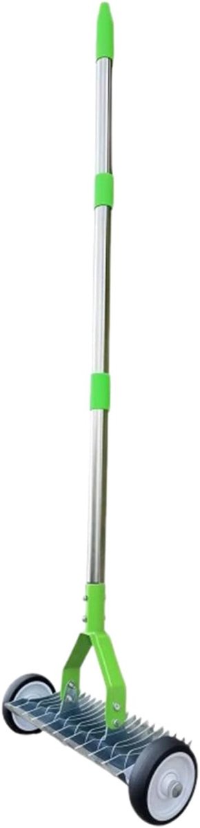 Gazonhark Met Wielen - Tuin Hark - Bodem Egaliseren - Ergonomische Lange Handgreep - 130 cm Lengte - Metaal