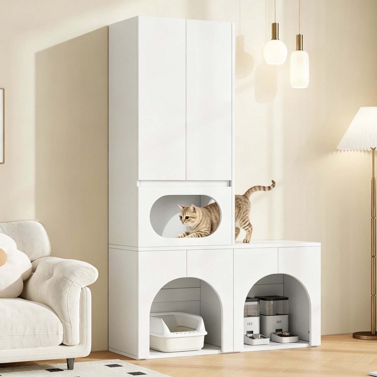 Kattenbakcontainer - Voor 2 Kattenbakken Met Rustruimte En Opbergkast - Voor Katten En Honden - MDF - Wit - 140x45x195 Cm