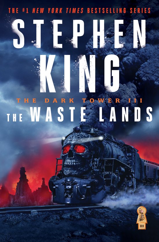 De voorkant van het boek 'The Waste Lands' van Stephen King, met een locomotief met een doodskop als gezicht en rode gloeiende ogen.