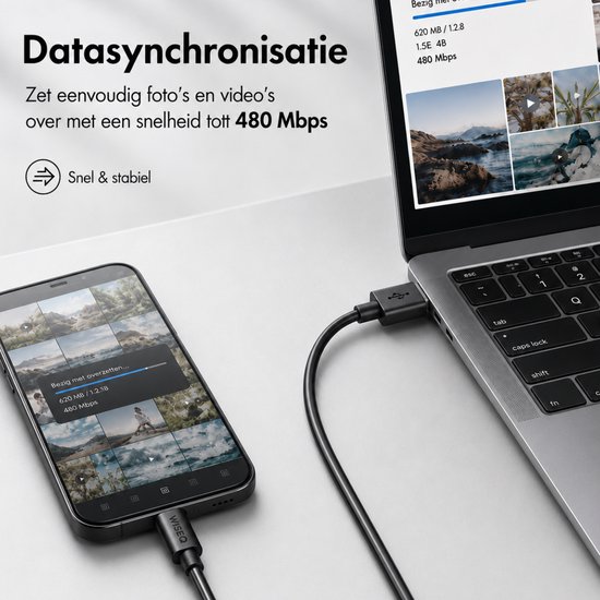 WiseQ USB-A naar USB-C kabel synchroniseert foto's tussen smartphone en laptop.
