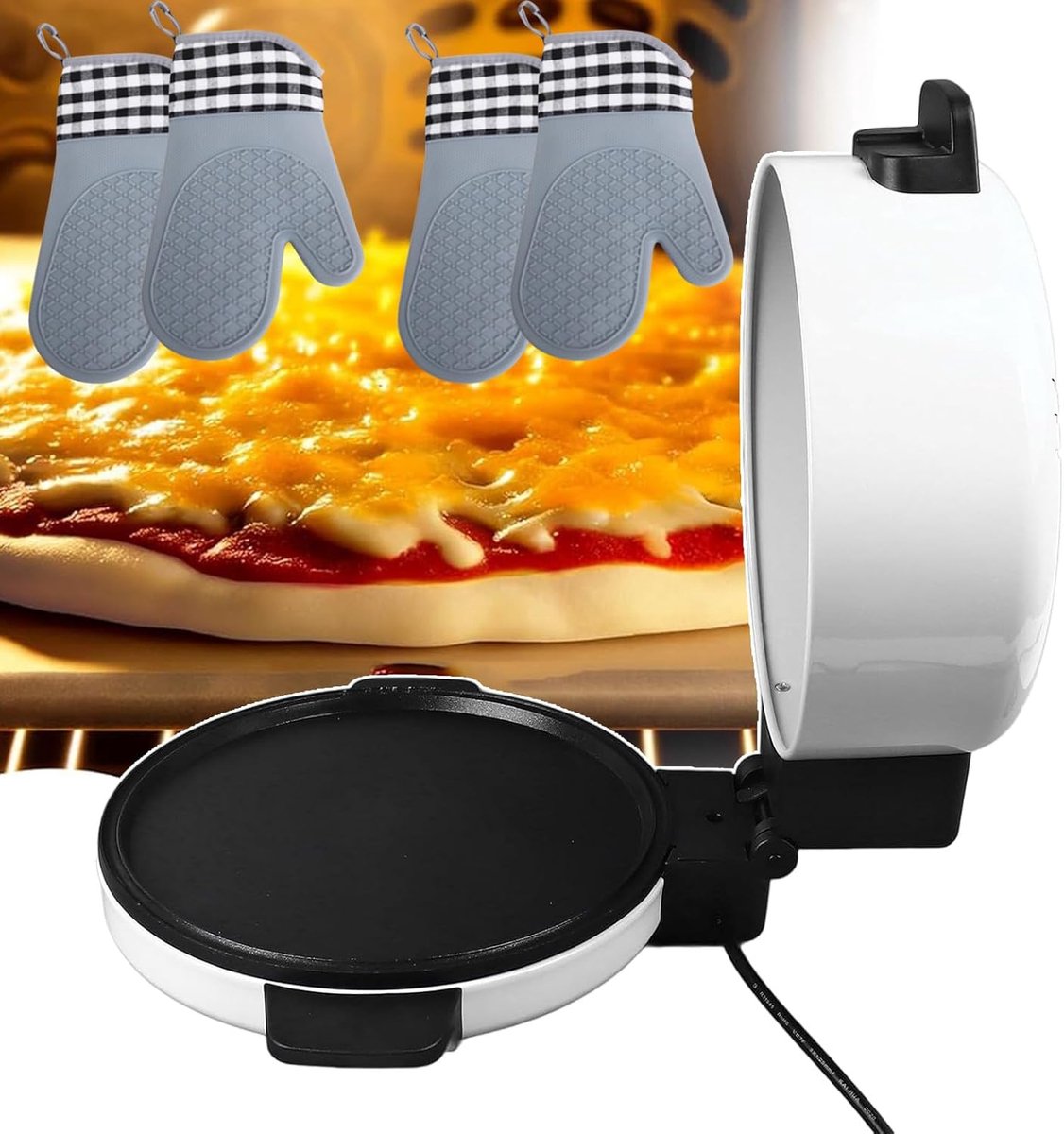Elektrische Pizzaoven Pizzamaker Broodbakmachine Thuis en Buiten Snelle Gelijkmatige Warmte 30cm Diameter Wit Zwart