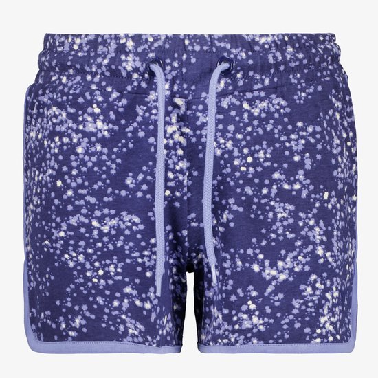 Donkerblauwe korte broek met all-over stipjesprint in lichtblauw en geel. Tailleband met trekkoord en lichtblauwe bies.