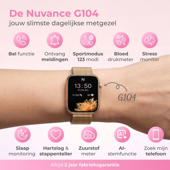 Nuvance Smartwatch Dames - Stappenteller Horloge Dames - Hartslagmeter - Sporthorloge - Geschikt voor iOS/Android - Incl. 5 Bandjes - Goud