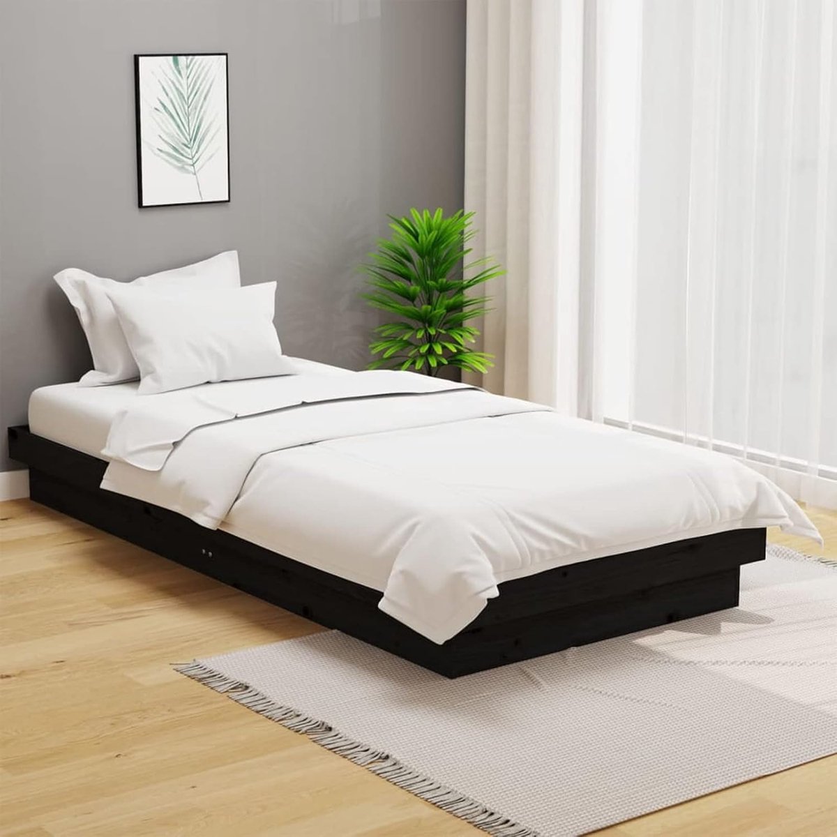 Massief Houten Bedframe - Logeerbed Houten Bed - Goede Nachtrust - Rustiek Hoofdeinde - 100x200 cm - Zwart