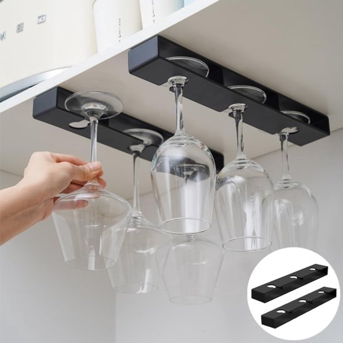 Hangende wijnglas houder onder kast, geen boormachines nodig