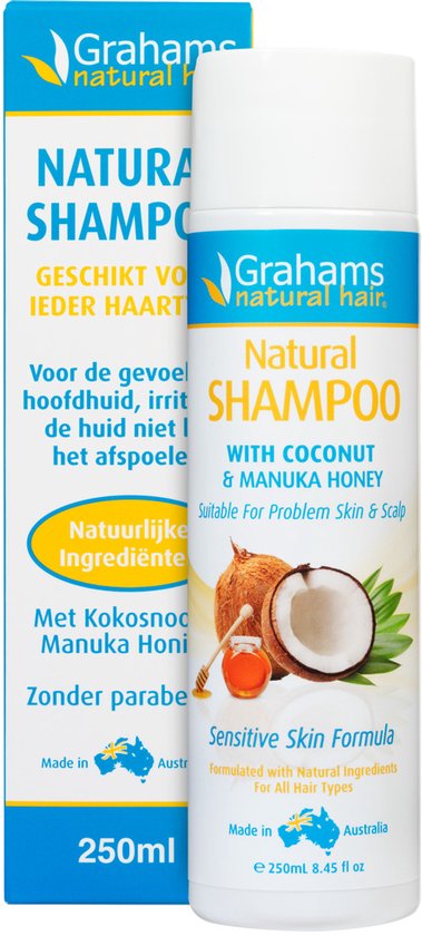 Grahams Natural Shampoo met kokosnoot en manuka honing, 250ml, voor alle haartypes.