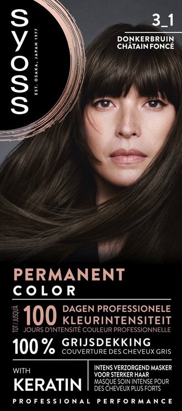 Model met donkerbruin haar en pony, met een verpakking SYOSS Permanente Kleuring 3-1.