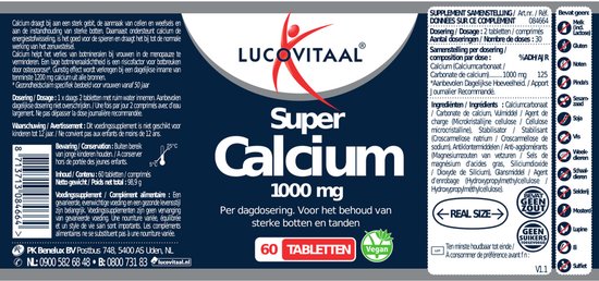 Verpakking Lucovitaal Super Calcium 1000 mg met 60 tabletten en vegan logo.