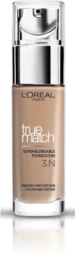 L'Oréal Paris True Match foundation 3.N, een lichtbruine foundation in een glazen pompflacon met zilveren details.