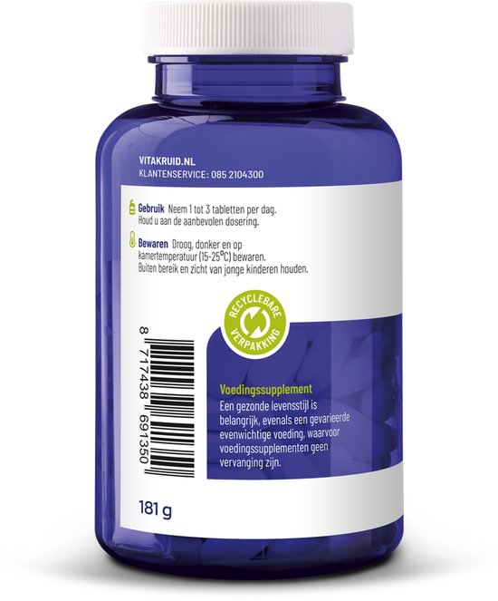 Achterkant van de pot Vitakruid Magnesium 150 Bisglycinaat (181g) met gebruiksaanwijzing.