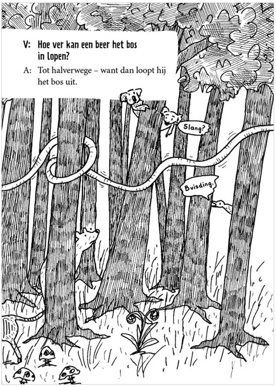 Illustratie van een bos met bomen, liaans en verschillende dieren, met een grapje in tekstballonnen.