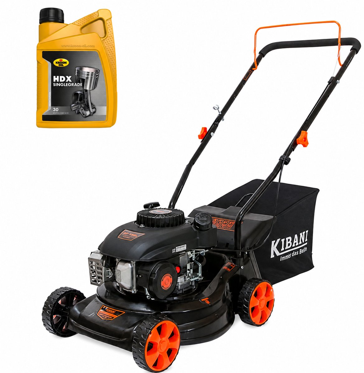 Kibani Benzine Grasmaaier 141cc – 2.2 kW / 3.0 PK incl. 1 liter 4-takt olie – 41 cm Maaibreedte – 40L Opvangzak – 3 Maaihoogtes – Handgeduwd Grasmaaier