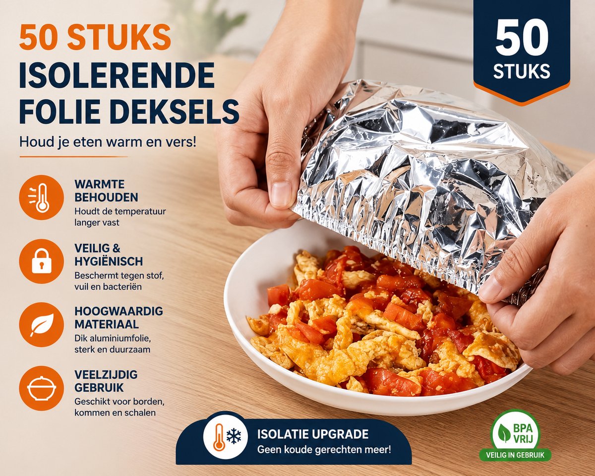 50x Isolerende Folie Deksels – Elastische Aluminium Voedseldeksels – Herbruikbaar – Houdt Gerechten Warm & Vers – Voor Borden, Schalen en Kommen