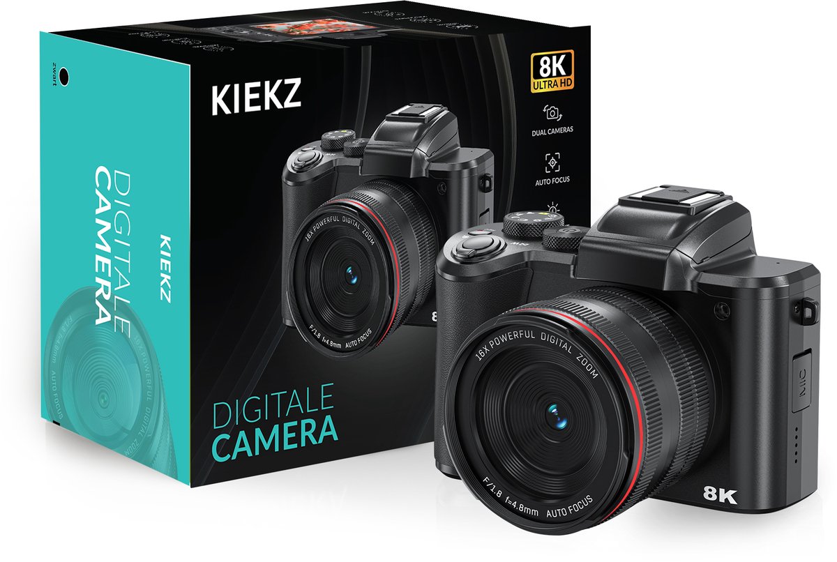Kiekz Fotocamera 88MP - Digitale Camera 8K - 16X Digitale Zoom - Fototoestel - Compact Camera - Ideaal voor Kinderen en Beginners - Inclusief 32GB SD Kaart - Verbeterde lens