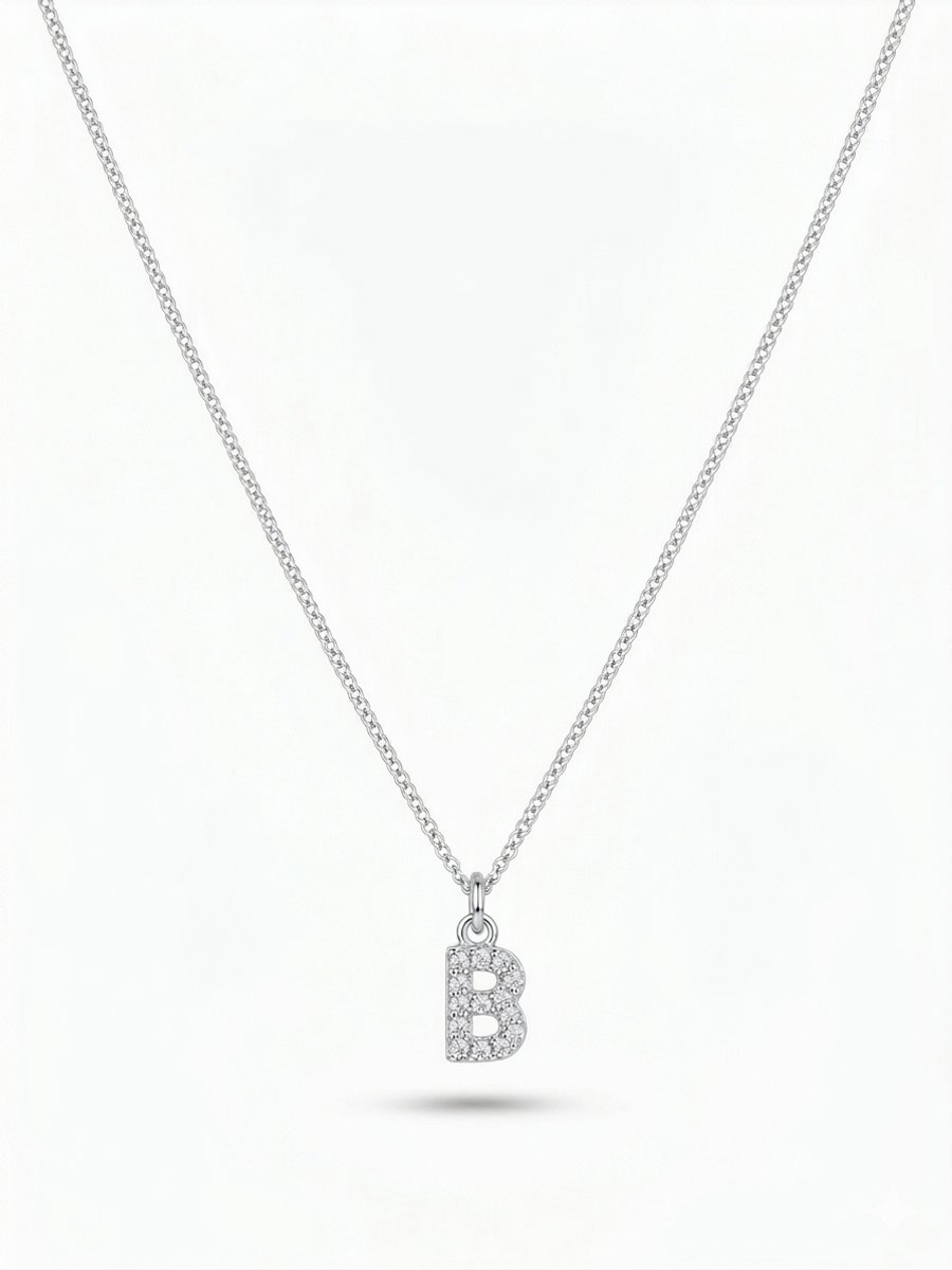Letter Ketting B – Zilverkleurig – RVS Schakelketting met Strass Initial Hanger – 23 cm + 5 cm Verstelbaar - Cadeau
