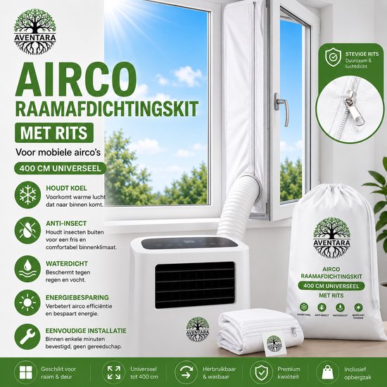 Airco Raamafdichtingskit 400 cm – Universeel voor Mobiele Airco – Bespaar Energie & Houd Insecten Buiten – Afvoerslang Airco Afdichting - Geschikt voor Raam en Deur