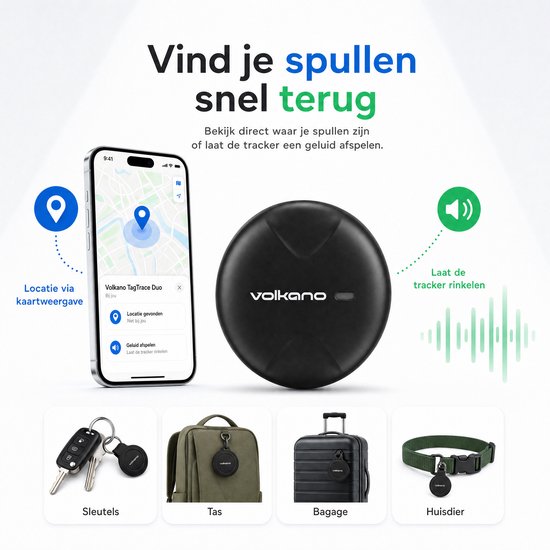 Zwarte Volkano tracker op een smartphone met kaartlocatie, sleutels, tas, bagage en halsband.