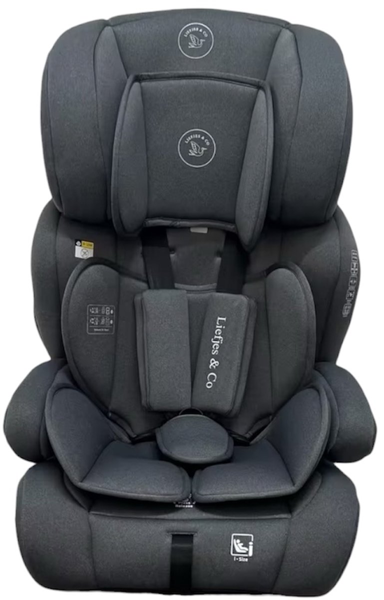 Liefjes & Co Varioseat Autostoel – i-Size – Groep 1/2/3 (76–150 cm) Memory Foam - Afstelbare hoofdsteun - Booster - Grijs