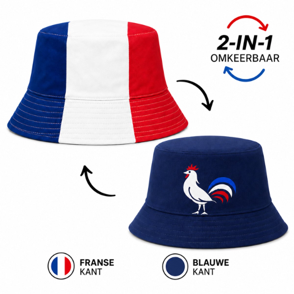 Franse Bucket Hat – Omkeerbaar Supportershoedje Frankrijk – Blauw Wit Rood met Franse Vlag – WK, EK, Voetbal, Festival & Evenementen
