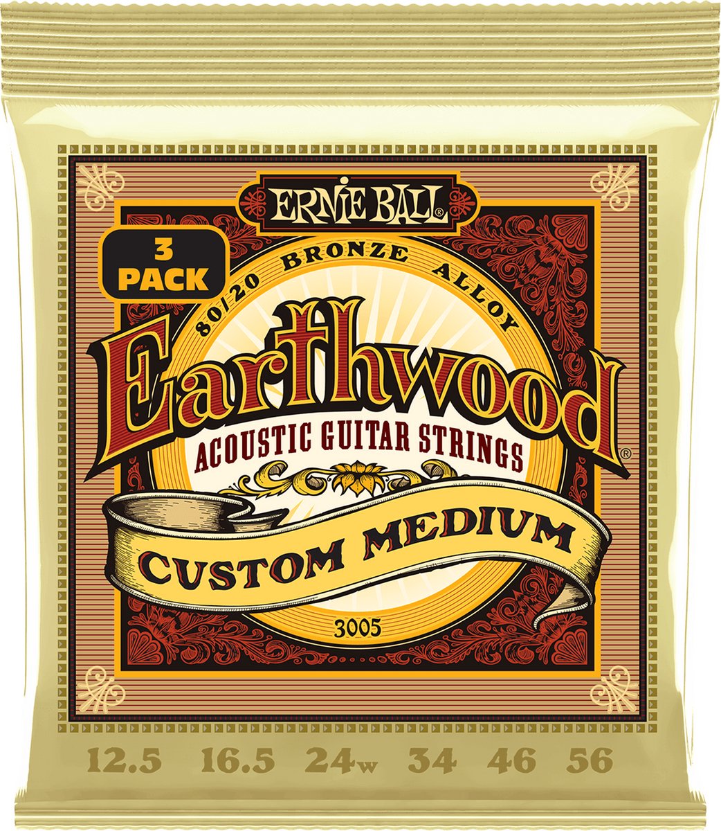 Ernie Ball 3005 Earthwood Custom Medium 80/20 Bronze 12,5-56 snaren voor westerngitaar (3 sets)