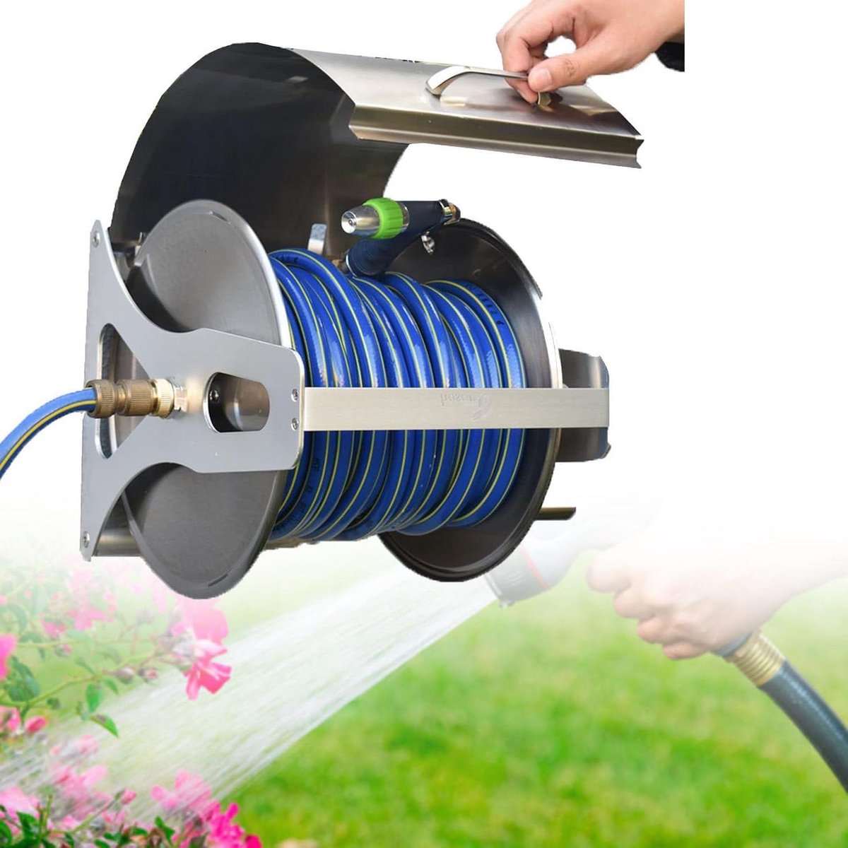 Slangenhaspel - Waterslanghouder - Tuinonderhoud - Roestvrij staal - Tot 40m slang - Zilver
