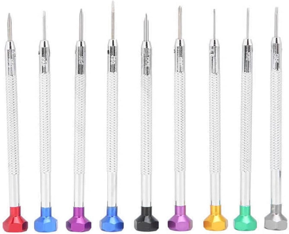 Schroevendraaier Set - Horloge Reparatie Gereedschap - Kleine Reparatie Werkzaamheden - Met Roterende Basis - 9 Stuks - Zilver