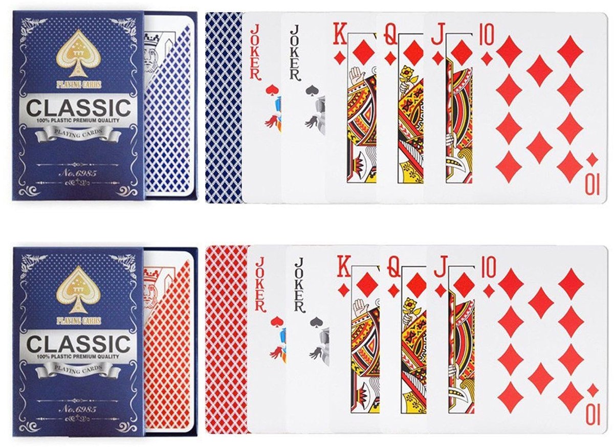 Dailygoods- Speelkaarten Waterdicht - Plastic Speelkaarten - Pokerkaarten - Entertainmentspellen - Feestkaarten - 2 Paren (Blauw/Rood) - Kaartspel
