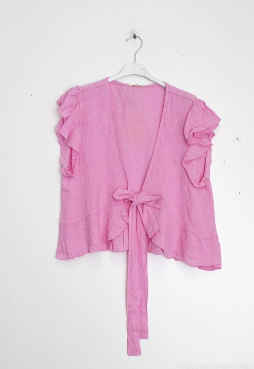 Linnen korte vest met cup mouwtjes - ruches - geknopt - crop bolero - ROZE kleur - Maat 38/40