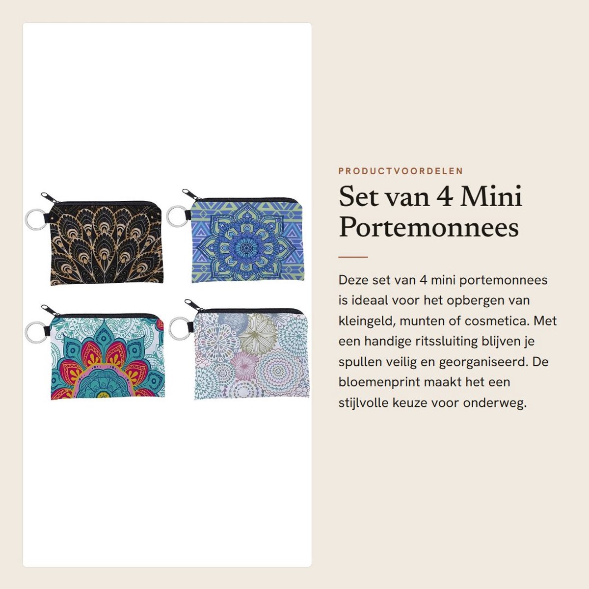 Dailygoods- Portemonnee Mini - 4 Stuks - Ritssluiting - Bloemenmuntzakje - Opbergzakje - Lichtgewicht - 12 x 9,5 cm - Muntzakje