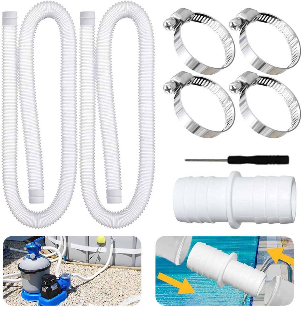Dailygoods- Zwembadslang 32 mm - 2 Stuks - 150 cm - Met 4 Veiligheidsclips/Slangconnector - Geschikt voor Filterpompen - Duurzaam Polyethyleen - Filterslang