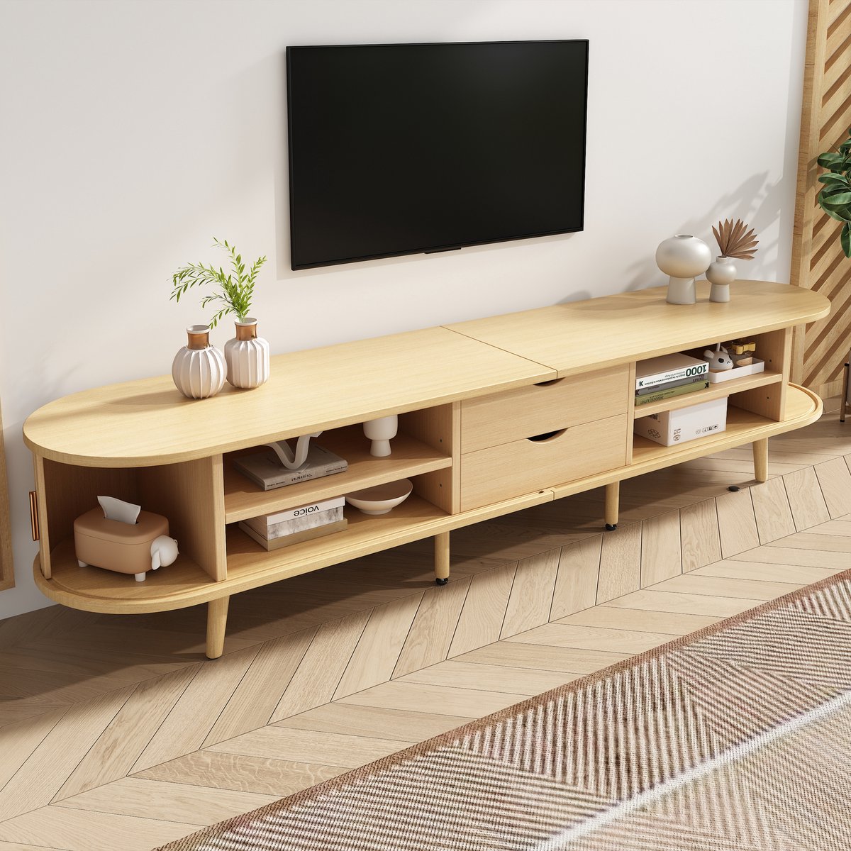 DESMIU Televisiemeubel - Ovaal Design Met Schuifdeuren En Dubbele Lade - Voor Woonkamer En Slaapkamer - MDF - 175x40x42 Cm - Eik