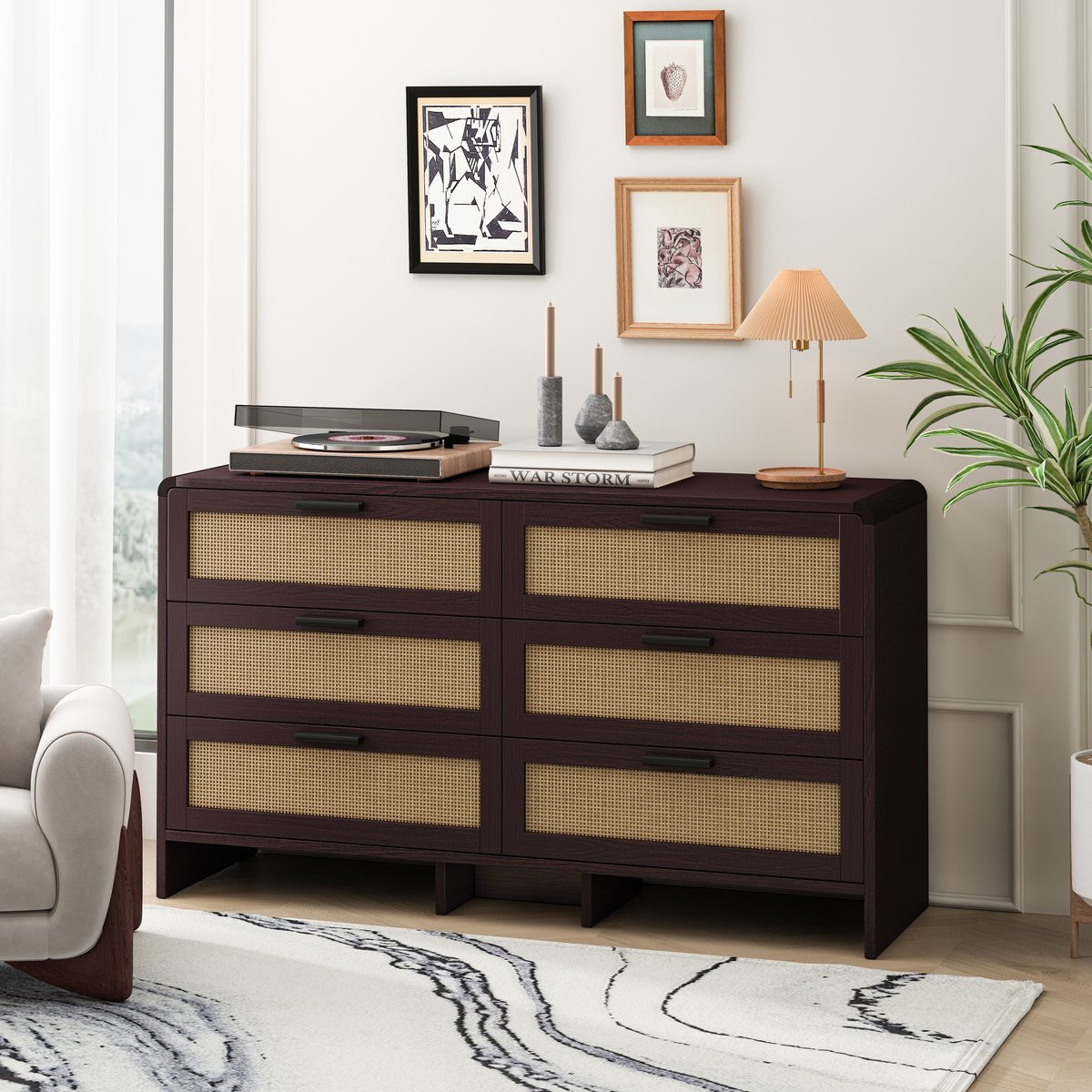 DESMIU Ladekast - Met 6 Laden En Afgeronde Hoeken - Voor Woonkamer Slaapkamer En Keuken - Spaanplaat Met Rotanlook - 130 Cm - Roodbruin