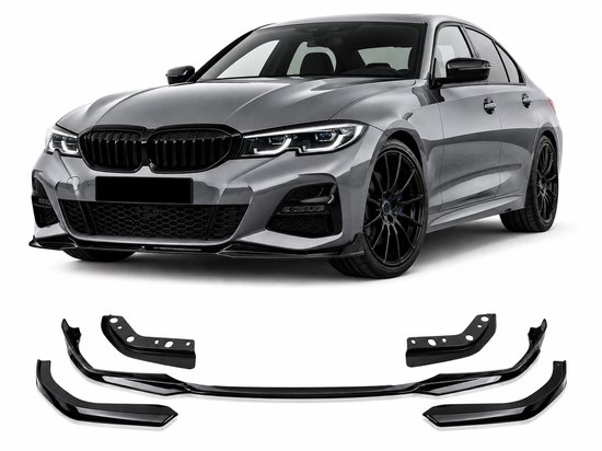 Grijze BMW 3-serie G20/G21 met zwarte voorspoiler kit.