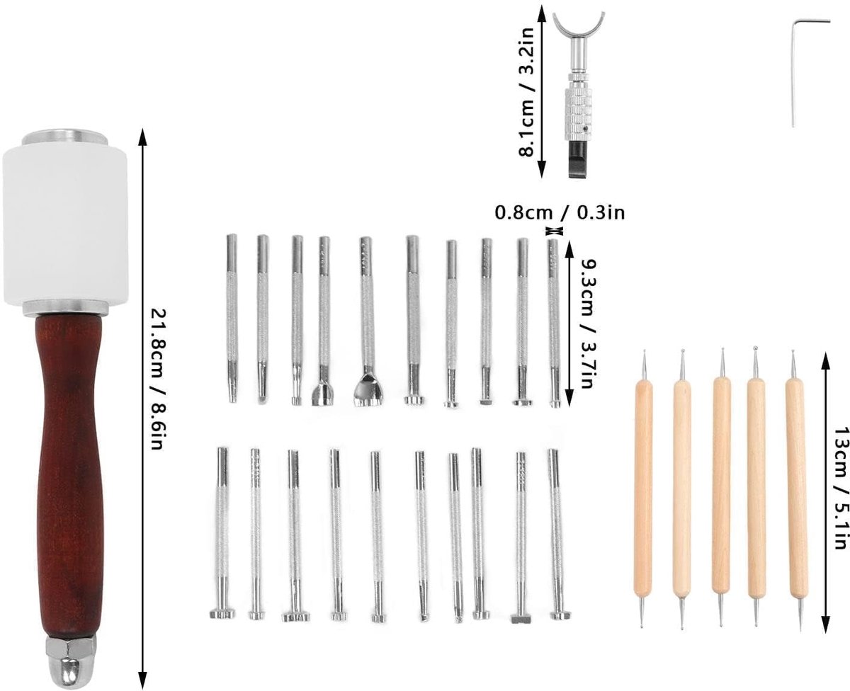 Dailygoods- Gereedschapsset 28-delig - Leren Knutselgereedschap - Stempelgereedschap - Snijhamer - Modelleerpen - Roestvrijstalen Mes - Leerbewerking