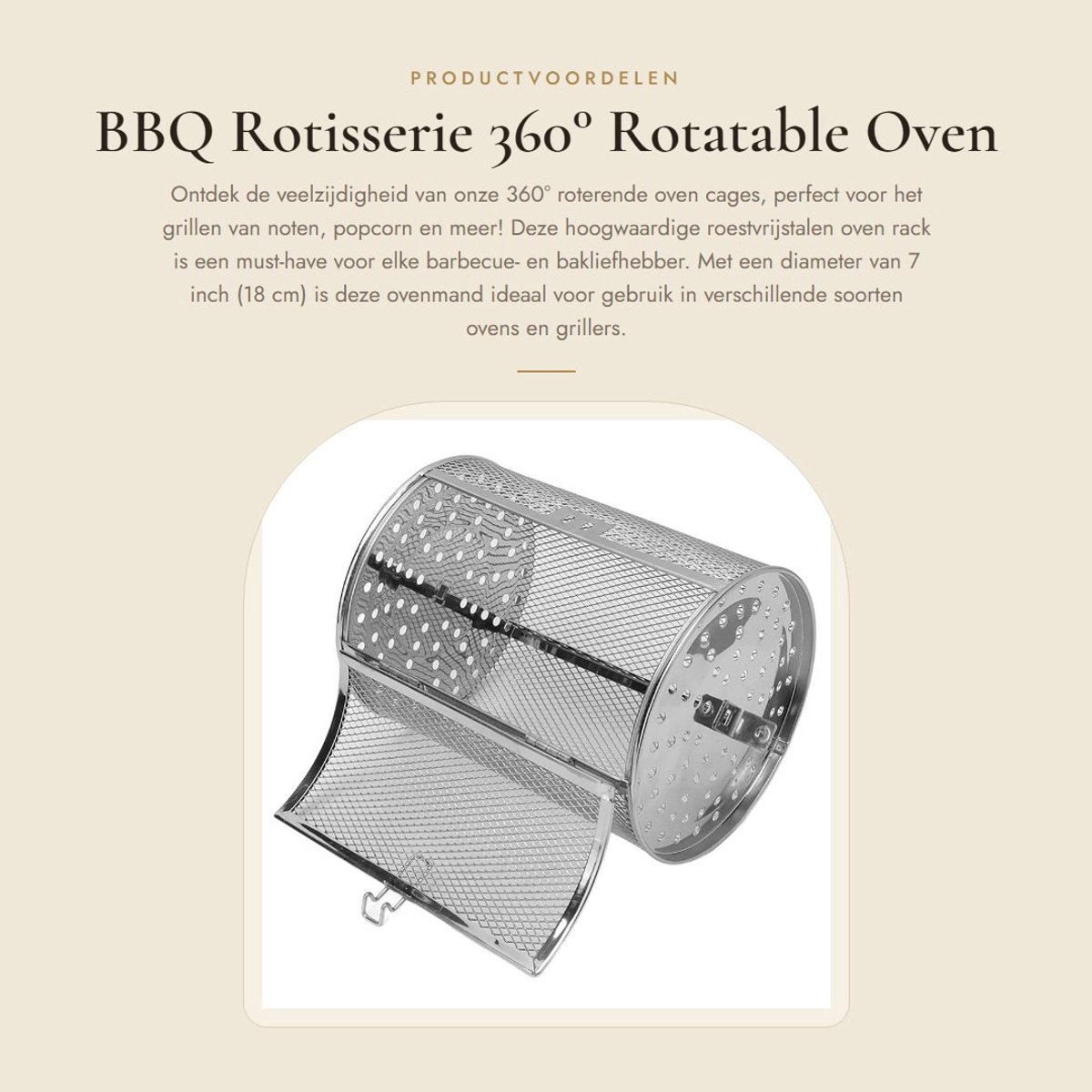 Dailygoods- Ovenrek 360 Graden Rotatable - Roestvrij Staal - 7 Inch Drum - BBQ Grill - Bakaccessoires - Geschikt voor Popcorn en Noten - Ovenmand