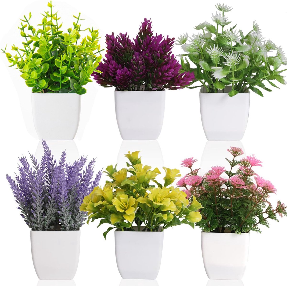Mrilary Kunstplanten Set van 6 - Kunstplantjes in Witte Pot - Mini Nepgipskruid en Kunstbloemen - Decoratieve Tafelplanten Binnen - Multicolor