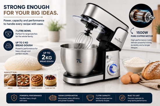 Swiss Haus® KM2207 Keukenmachine 1500W - 7L RVS Keukenrobot - 6 Snelheden + Pulse - Multifunctionele Standmixer met Accessoires - RVS — afbeelding 2