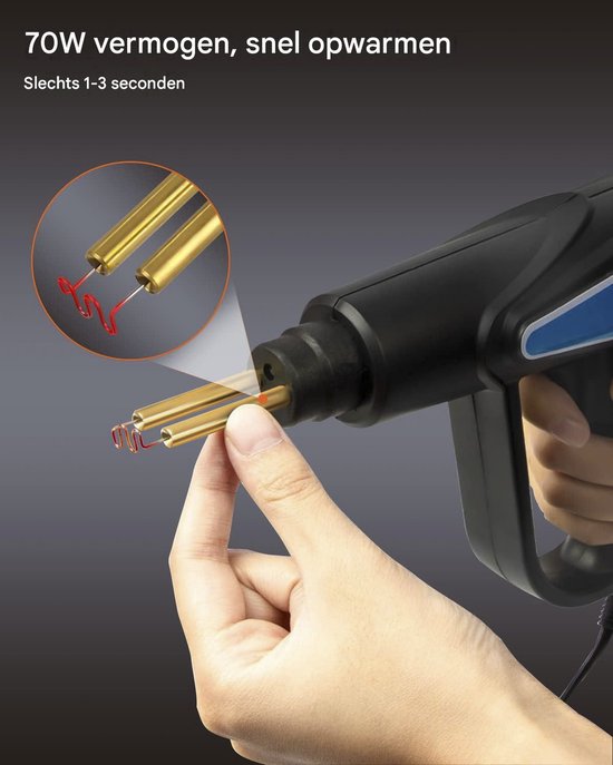 Close-up van een zwarte kunststof laspistool met gouden contactpunten die snel opwarmen met 70W vermogen.
