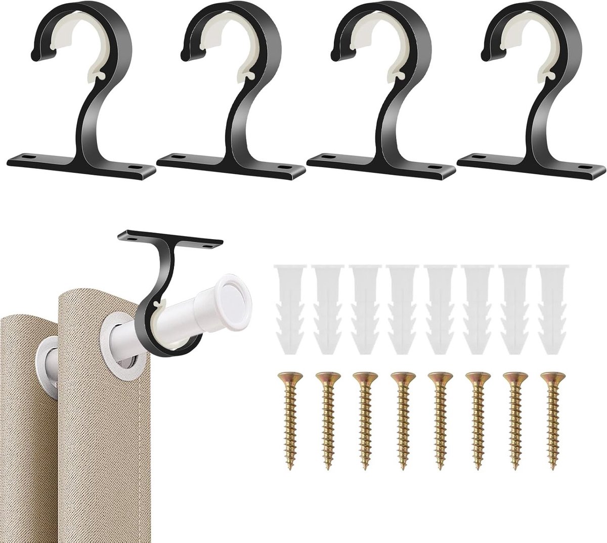 Set van 4 gordijnroede houders Ø 25 – 28 mm van aluminiumlegering met bevestigingsmateriaa