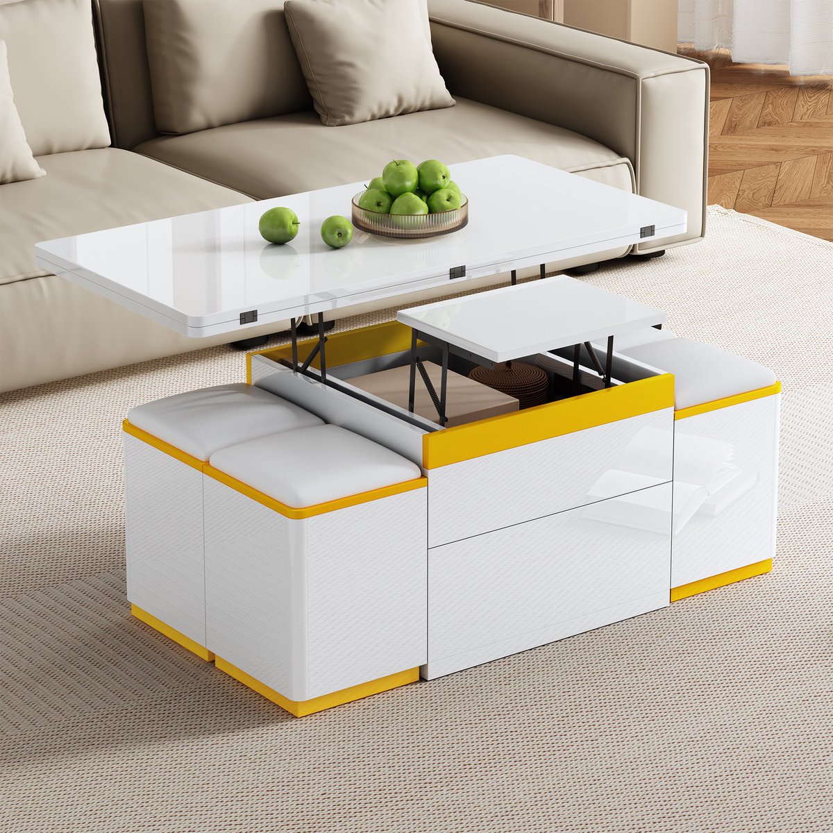 DESMIU Salontafel - Verstelbaar En Opklapbaar Ontwerp - Met Opbergruimte En Hockers - Voor Woonkamer, Eten En Bureau - Wit Geel - 100 X 50 X 43 Cm
